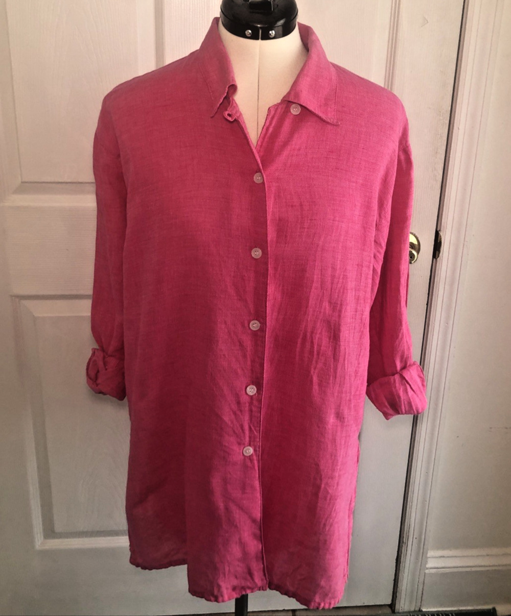VTG 90s Linen Womens M long sleeve fuschia button up shirt barbiecore coastal